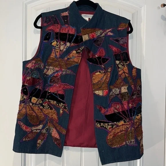 Beautiful mixed media art folk embroidered open vest Coldwater Creek size M - Picture 1 of 9